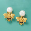 8-8.5mm Cultured Pearl and .20 ct. t.w. Citrine Bee Drop Earrings with Black Spinel Accents in Two-Tone Sterling Silver