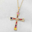 1.90 ct. t.w. Multi-Gemstone and .50 ct. t.w. Diamond Cross Pendant Necklace in 14kt Yellow Gold