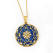 .50 ct. t.w. White Zircon and Blue Enamel Floral Medallion Pendant Necklace in 18kt Gold Over Sterling