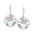 Cultured Button Pearl and Synthetic Blue Opal Drop Earrings in Sterling Silver