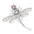 Cultured Tahitian Pearl and 1.00 ct. t.w. Multi-Gemstone Dragonfly Pin in Sterling Silver