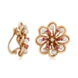 C. 1980 Vintage 3.5mm Cultured Pearl and 1.10 ct. t.w. Ruby Flower Clip-On Earrings with Diamonds in 14kt Gold