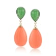 Jade and Simulated Coral Teardrop Earrings in 14kt Yellow Gold