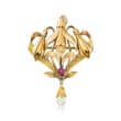 C. 1930 Vintage Cultured Pearl Floral Drop Pin with Diamond and Ruby Accents in 14kt Yellow Gold
