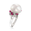 13-13.5mm Cultured Pearl, .70 ct. t.w. Ruby and .23 ct. t.w. Diamond Ring in 14kt White Gold