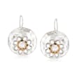 6.5-7mm Cultured Pearl Floral Disc Drop Earrings in Sterling Silver with 14kt Yellow Gold