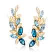 2.10 ct. t.w. Tonal Blue Topaz Floral Vine Ear Crawlers in 14kt Yellow Gold