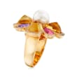 C. 1980 Vintage Chanel Cultured Pearl and 11.20 ct. t.w. Multi-Gemstone Flower Ring with .40 ct. t.w. Diamonds in 18kt Yellow Gold