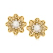 C. 1980 Vintage 8.6mm Cultured Pearl and .96 ct. t.w. Diamond Flower Earrings in 14kt Yellow Gold