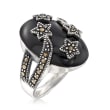 Onyx and Marcasite Star Cocktail Ring in Sterling Silver