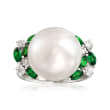 13-13.5mm Cultured Pearl, .70 ct. t.w. Tsavorite and .23 ct. t.w. Diamond Ring in 14kt White Gold