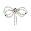 C. 1930 Vintage 3.5-4mm Cultured Pearl Bow Pin with Diamonds and Synthetic Sapphires in 14kt White Gold