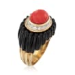 C. 1980 Vintage Orange Coral and Black Onyx Ring with .35 ct. t.w. Diamonds in 14kt Yellow Gold