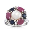 7.5-8mm Cultured Pearl and 3.50 ct. t.w. Multi-Stone Ring in Sterling Silver
