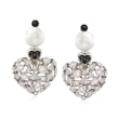 C. 2000 Vintage 9.5mm Cultured Pearl and 2.50 ct. t.w. Black and White Diamond Heart Drop Earrings in 18kt White Gold