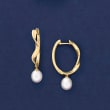 Cultured Pearl and Wavy Hoop Earrings in 18kt Gold Over Sterling