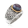 9.5-10mm Black Cultured Button Pearl Ring in Two-Tone Sterling Silver