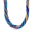 Italian Blue and Golden Murano Glass Bead Torsade Necklace with 18kt Gold Over Sterling