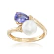 1.10 Carat Tanzanite and 7.5-8.5mm Cultured Pearl Bypass Ring with Diamond Accent in 14kt Yellow Gold
