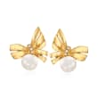Mikimoto 7mm 'A+' Akoya Pearl Bow Stud Earrings with Diamond Accents in 18kt Yellow Gold
