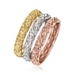 18kt Tri-Colored Gold Jewelry Set: Three Quilted Textured Rings