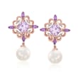 8.5-9mm Cultured Pearl Drop Earrings with 2.40 ct. t.w. Amethyst and Diamond Accents in 14kt Rose Gold