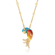 Multicolored Enamel and .19 ct. t.w. CZ Parrot Necklace in 18kt Gold Over Sterling