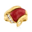 C. 1980 Vintage Red Coral and .20 ct. t.w. Diamond Ring in 18kt Yellow Gold