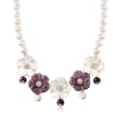 Italian Mother-Of-Pearl and Amethyst Necklace with Cultured Pearls in 18kt Gold Over Sterling