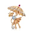 C. 1950 Vintage 1.60 Carat Synthetic Aquamarine &quot;Girl With Umbrella&quot; Pin With Diamonds and Synthetic Rubies in 18kt Gold