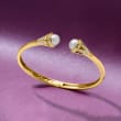 8mm Cultured Pearl and .80 ct. t.w. White Topaz Cuff Bracelet in 18kt Gold Over Sterling