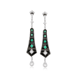 C. 1930 Vintage Black Onyx, 1.10 ct. t.w. Diamond and .80 ct. t.w. Emerald Earrings in Platinum with 14kt Yellow Gold