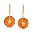 3mm Amber &quot;Lucky Fortune&quot; Chinese Symbol Drop Earrings in 14kt Yellow Gold