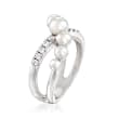 Mikimoto &quot;Japan&quot; 3.25-5.35mm A+ Akoya Pearl and .22 ct. t.w. Diamond Crisscross Ring in 18kt White Gold