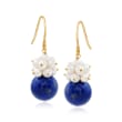 10mm Lapis and 3-4mm Cultured Pearl Cluster Drop Earrings in 14kt Yellow Gold