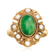 C. 1950 Vintage Green Jade and 2.5mm Cultured Pearl Ring in 14kt Yellow Gold