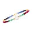 9-10mm Cultured Pearl and 22.00 ct. t.w. Multicolored Sapphire Bead Bracelet in 14kt Yellow Gold