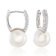 8.5-9mm Cultured Pearl and .20 ct. t.w. Diamond Hoop Earrings in 14kt White Gold