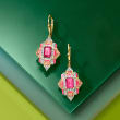 3.40 ct. t.w. Multi-Gemstone Art-Deco Inspired Drop Earrings with Pink Enamel in 18kt Gold Over Sterling