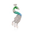 Italian 1.30 ct. t.w. CZ and 5.5-6mm Cultured Pearl with Enamel Peacock Pendant in Sterling Silver