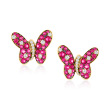 C. 1980 Vintage 1.80 ct. t.w. Ruby and .40 ct. t.w. Diamond Butterfly Earrings in 18kt Yellow Gold