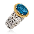 4.10 Carat London Blue Topaz Byzantine Ring in 14kt Yellow Gold and Sterling Silver