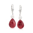 20.00 ct. t.w. Ruby and 6-7mm Cultured Pearl Drop Earrings in Sterling Silver