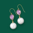 12-13mm Cultured Pearl and 4.00 ct. t.w. Amethyst Drop Earrings in 14kt Yellow Gold
