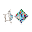 Belle Etoile &quot;Tropical Rainforest&quot; Blue and Multicolored Enamel Earrings with .10 ct. t.w. CZs in Sterling Silver