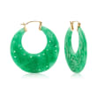 Carved Green Jade Hoop Earrings with 14kt Yellow Gold