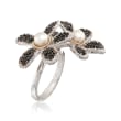 5-5.5mm Cultured Button Pearl and 1.10 ct. t.w. Black Spinel Flower Ring with 14kt Gold in Sterling Silver