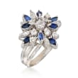 C. 1970 Vintage 1.55 ct. t.w. Diamond and .75 ct. t.w. Sapphire Floral Cluster Ring in 14kt White Gold