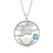 Cultured Button Pearl and Simulated Blue Opal Sea Life Pendant Necklace in Sterling Silver