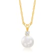 6-6.5mm Cultured Akoya Pearl and Diamond Accent Necklace in 14kt Yellow Gold